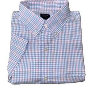 J.Crew Flex Blue Pink Gingham Button Down Shirt M 15-15.5 Stretch Cotton Stretch